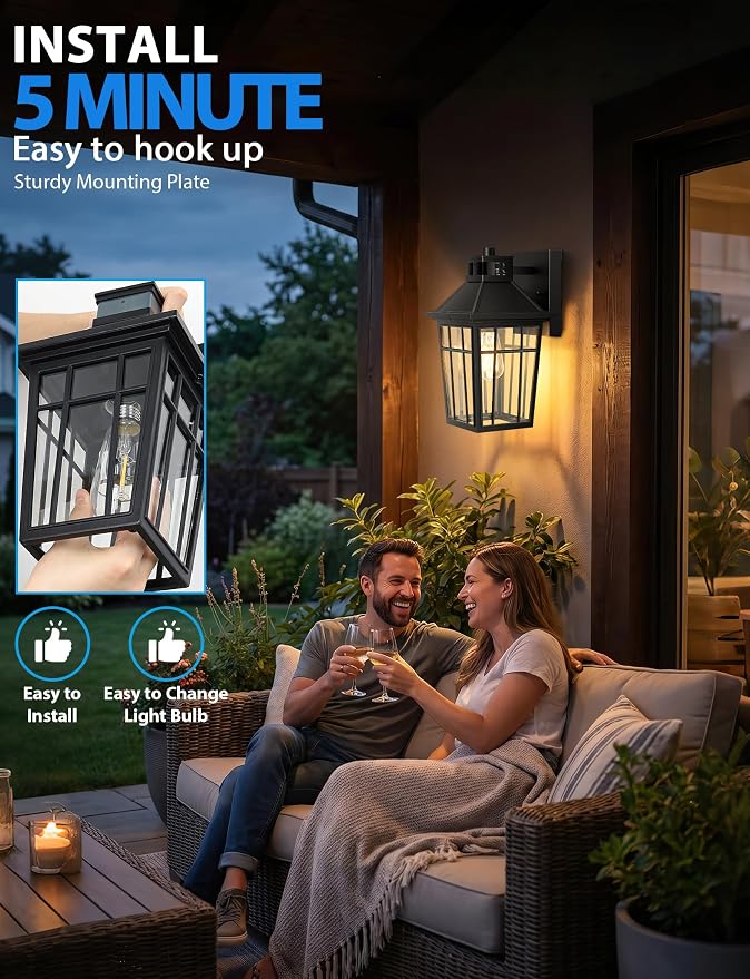 Lotsky Motion Sensor Outdoor Wall Lights, Dusk to Dawn Porch Light 2 Packs, Aluminum Waterproof Exterior Lighting Fixture, Black Farmhouse Outside Sconces for Front Door, Garage, Patio