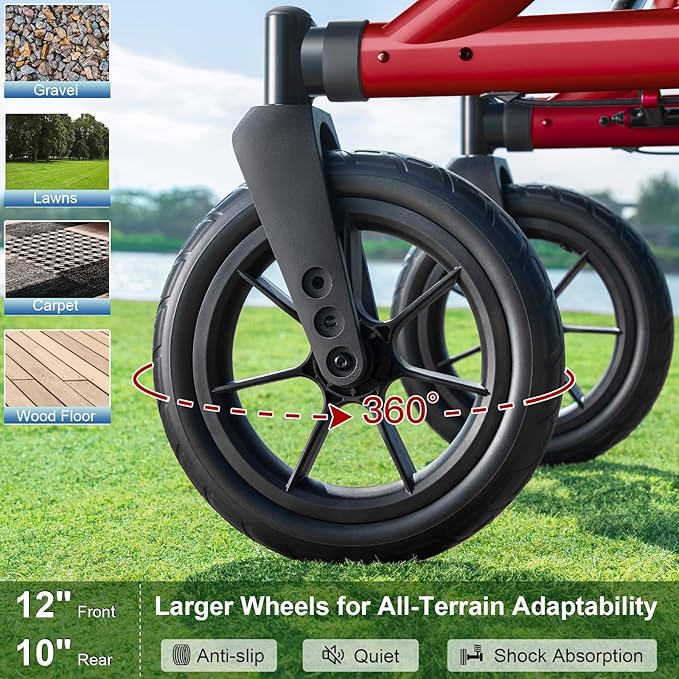 Walkers for Seniors, Rollator Walker with Seat, 12" Big Rubber Wheels All Terrain Rollator Walker with Backrest, Built-in Cable, Cup Holder, Foldable and Height Adjustment for Seniors, Red
