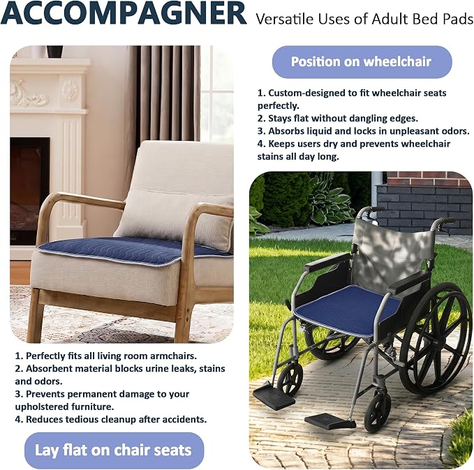 Accompagner Incontinence Bed Pads Washable Waterproof, Ultra-Absorbent Reusable Underpads for Diaper Changing, Nursing, Bedridden, Adults, Seniors, Kids and Dogs (Navy, 24"x24"(Pack of 6))