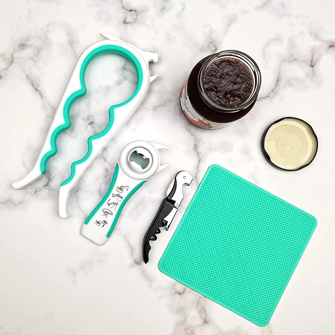 Otstar Latest Jar Opener Bottle Opener tool for Weak Hands,Seniors with Arthritis,Low Strength and Children, Multi Opener Set with Rubber Jar Gripper Pad and Corkscrew Wine Opener