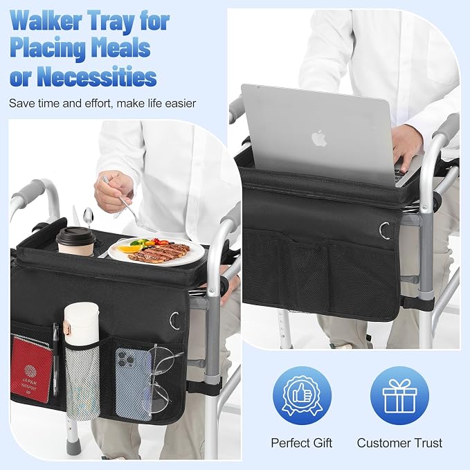 Rhino Valley Walker Tray for Folding Walker,Tray for Walker with Cup Holder | Tray for Walkers with Non-Slip Mat for Food, 3 Front Pockets & 6 Cup Holders, Walker Accessories for Senior, Black