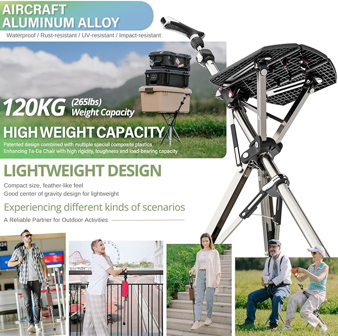 Ta-Da Chair Series 1 Pro, Portable Trekking Hiking Pole, Folding Walking Stick with Seat, Walking Cane with Chair, Foldable Chair, Lightweight Aluminum, Easy Carry and Storage, Anti-Slip