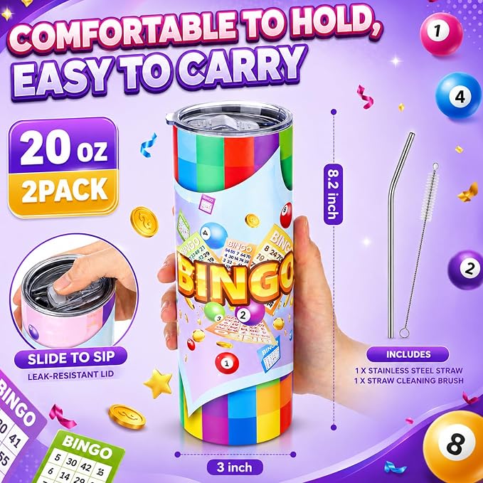 Geiserailie 2 Pack Bingo Tumbler Cups 20 oz Game Gifts Stainless Steel Tumbler with Lids Prizes for Seniors Mom Grandma Dad (Colorful)