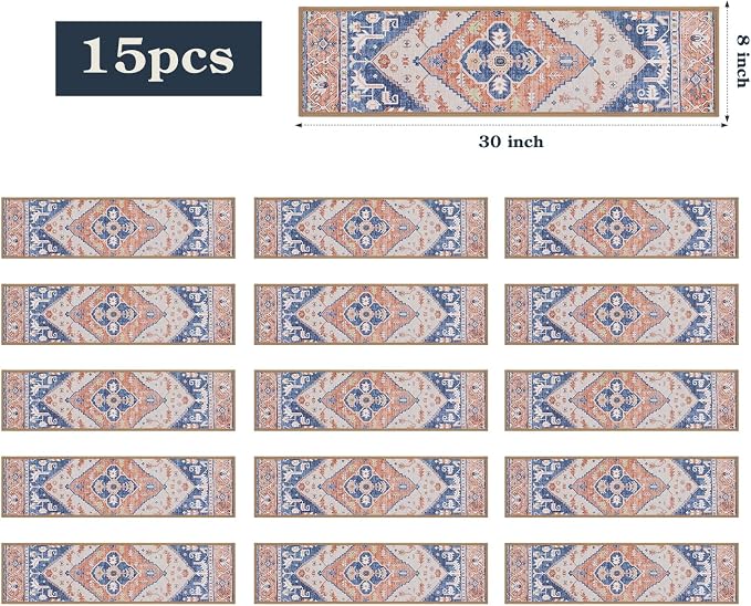 Lahome Non Slip Peel and Stick Stair Treads 15 Pack 8" X 30" Carpet Treads for Wood Stairs, Washable Self Adhesive Mat Edging Staircase for Tenant Defend The Steps from Scratches Dorie,Blue-Tan