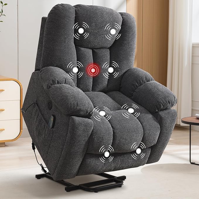 Power Lift Recliner Chair with Massage and Heat for Elderly, Overstuffed Wide Recliners, Heavy Duty and Safety Motion Reclining Mechanism with USB Ports, 2 Concealed Cup Holders, Smoke Gray