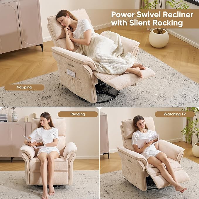 Power Nursery Recliner with Auto Rocking,Oversized Swivel Rocker Recliner with Massage and Heat,Glider Recliner Nursery Chair with Adjustable Headrest for Living Room and Bedroom,Beige