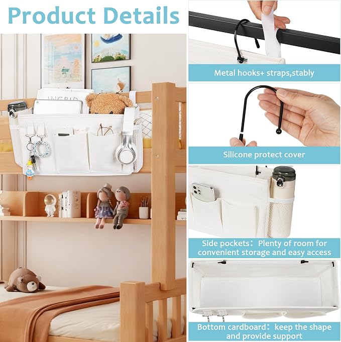 Bedside Caddy, Bedside Storage Bag Hanging Organizer for Bunk Dorm Bed Rail | Bed Caddy with Hooks, Top Bunks and Dorm Essentials for Water, Tissues, Tablets, Books, Phones, Remotes and Other Necessories