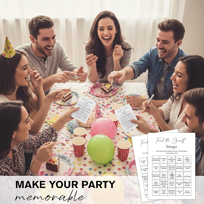 Find The Guest Bingo Cards – 25 Unique Cards, Icebreaker Party Games for Adults, Rustic White Mingle Activity for Birthday Parties, Family Reunions, Office Events & Friendsgiving