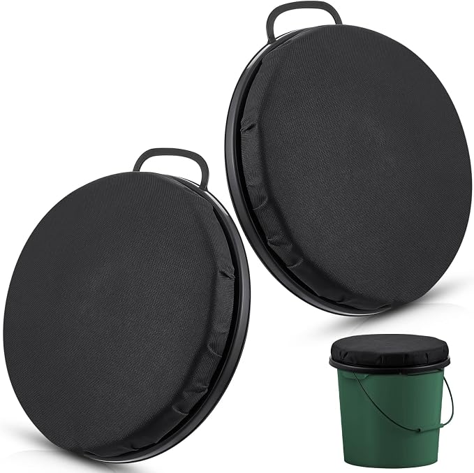 Lewtemi 2 Pack 5 Gallon Bucket Seat Lid with 360° Swivel, 2" Thick Waterproof Padded Cushion Cover with Handle for Fishing Camping Baseball Duck Hunting Gardening Outdoor Sports(2 Inch Thick,Black)