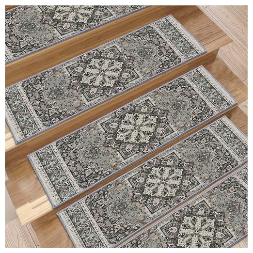 8”x 30” Carpet Stair, Anti-Slip Carpet Treads for Wooden Steps, Self-Adhesive Decorative Stair Runners, Slip-Resistant Treads for Indoor Wooden Staircases (15, Grey, 8X30 inch)