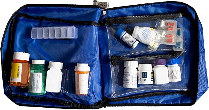 Large Combination Locking Medicine Bag, Royal Blue | Includes Pill Box, Removable Clear Bags, Prescription Bottle Organizer, Travel Carry Case, Combination Lock