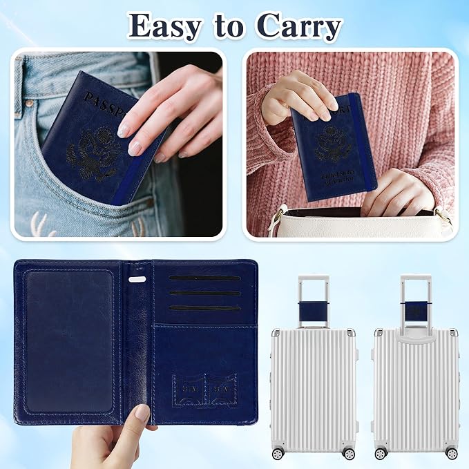 Passport Holder for Travel, RFID Blocking Passport Cover with Pen Holder Leather Passport Wallet Case Travel Must Haves Accessories Passport Book Card Holder for Family Travel Essentials, Dark Blue