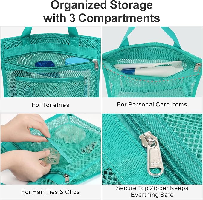 Small Mesh Shower Caddy Portable - Zipper Gym Travel Shower Bag, Mint Green | 3 Pockets, Quick-Dry Mesh, S-Hook, Hanging Shower Caddy for Toiletry Essentials, Bathroom & Camping