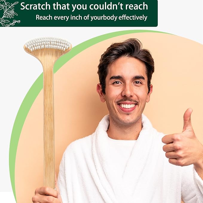 Extra Long Bamboo Back Scratcher, 22'' Reach Back Easily | Curved Handle, Wide Brush Head for Instant Itch Relief, Wet or Dry Use for Shower, Easy to Grip for Men/Women/Elderly
