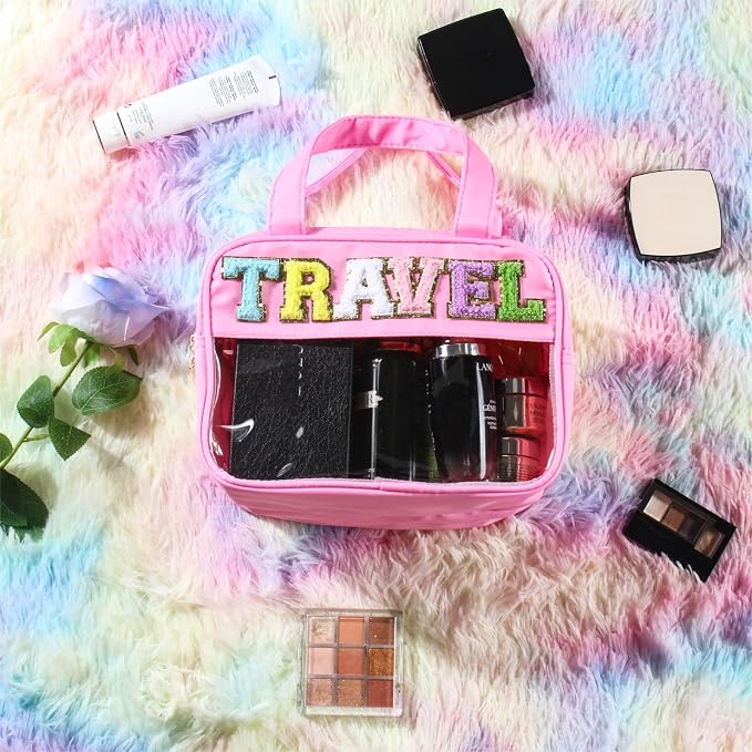 BuyCard Chenille Letter Clear Travel Bags, Makeup Bag for Travel, Preppy Patch Nylon Cosmetic Bag with Handles and Zipper, Waterproof Large Clear Travel Toiletry Bag Storage Bag for Women Pink