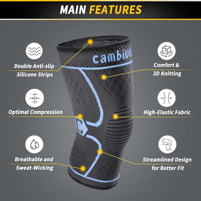 CAMBIVO 2 Pack Knee Brace, Knee Compression Sleeve for Men and Women, Knee Support for Running, Workout, Gym, Hiking, Sports (Blue,Medium)