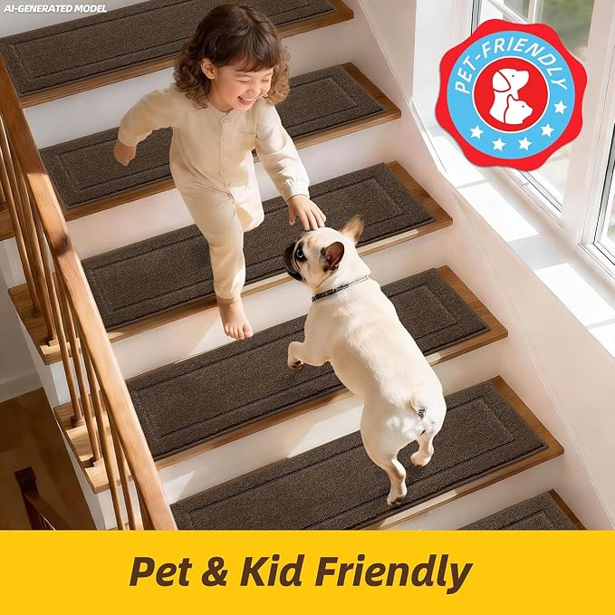 JSEI Stair Treads for Wooden Steps Indoor, 4-Pack, 30" x 8", Brown | Non Slip Stair Treads, Washable Polyester Stair Mats with TPE Backing, Low Profile Stair Rugs for Kids, Seniors and Dogs
