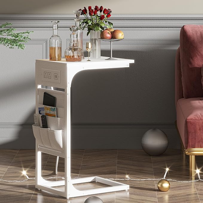 TUTOTAK C Shaped End Table with Charging Station, Side Table for Sofa | Couch Table with Storage Bag, TV Tray with 2 USB Ports and Outlets, Set of 2, Living Room and Bedroom, White TB01BW0242