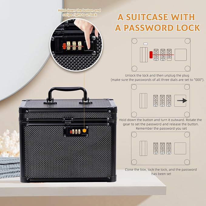 Medication Combination Lock Boxes with Code for Personal Items, Medicine Lockbox for Documents 10 x 7.25 x 7.75 Inches Shoulder with Belt Pure Black