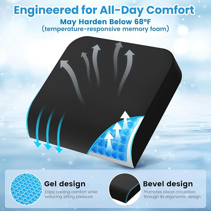 Wheelchair Seat Cushion Cooling Gel Memory Foam Chair Cushion | Pressure Relief, Slope-Edge Design, Coccyx Support for Tailbone Pain, Non-Slip, for Wheelchairs, Office Chairs & Car Seats
