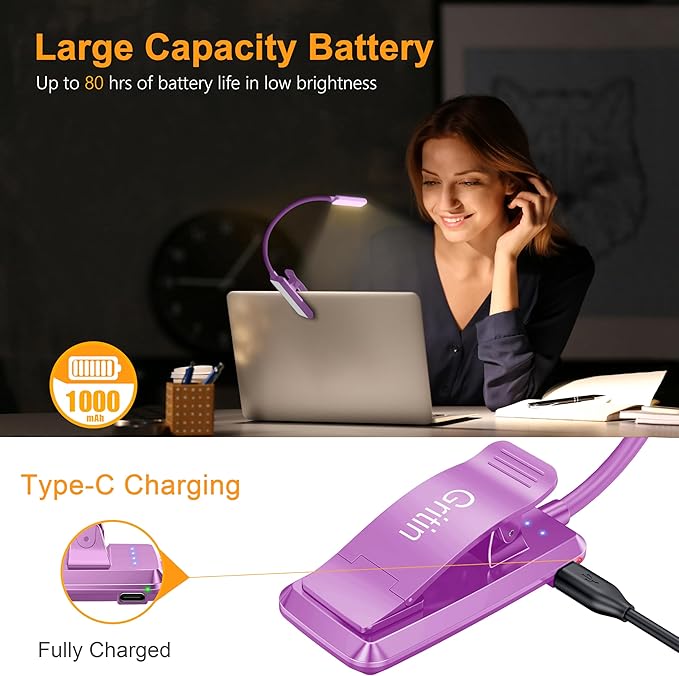 Gritin 9 LED Rechargeable Book Light for Reading in Bed - Eye Caring 3 Color Temperatures,Stepless Dimming Brightness,80 Hrs Runtime Small Lightweight Clip On Book Reading Light-Dark Purple