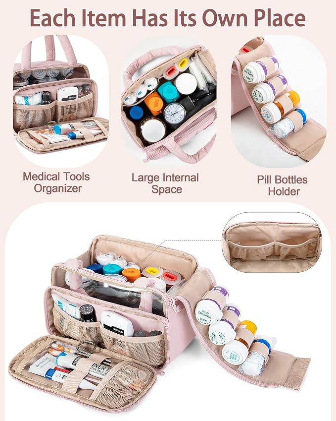 Fasrom Chenille Letter Medicine Bag, Pill Bottle Organizer for Travel Meds | Preppy Patch Design, Puffy Handle, Portable Storage for Medical Supplies & Toiletries, Makeup Case for Women