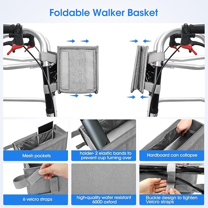 Dotday Upgraded Walker Basket with Cup Holder, Foldable Walker Bag | Basket for Walker for Senior, Walker Accessories for Folding Walker, Large Capacity, Never Tipping Over, Not Fit for Rollator