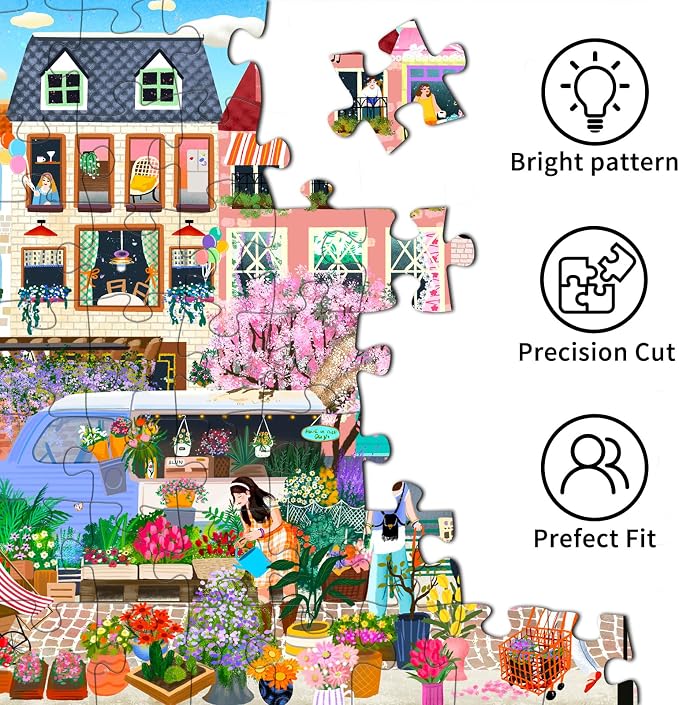 Cottagecore Flower Street Puzzles for Adults 1000 Pieces | 1:1 HD Reference Poster，ABCD Letter Markings on Back,Matte Oil,High Bite Force