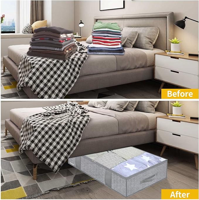 Onlyeasy Underbed Storage Bags Organizer, 4 Pack Large Capacity Under Bed Storage Containers with Reinforced Handles, Foldable Fabric Storage Bins with Clear Window, Herringbone Grey, 7MXRUBBP4