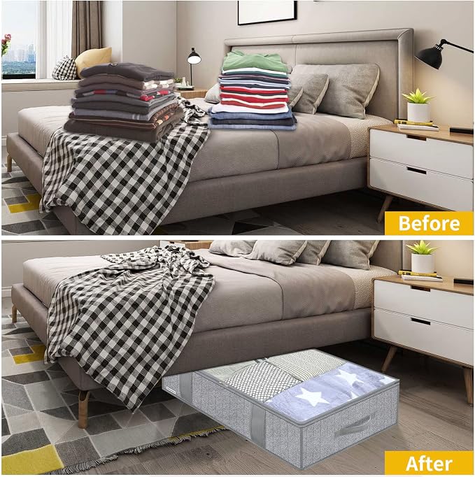 Onlyeasy Large Underbed Storage Bags Organizer Container (2 Pack) with 4 Handles and 2 Sturdy Zippers, Blankets Clothes Comforters Foldable Storage Bags with Clear Window, Herringbone Grey, MXRUBBP2