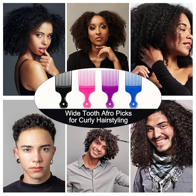 SIMPOR 4 Pcs Hair Pick Comb Wide Tooth Lift for Hair Styling Detangling, Plastic Afro Pick for Women Men, Fist Picks for Curly and Afro Hair (Multiple colors)