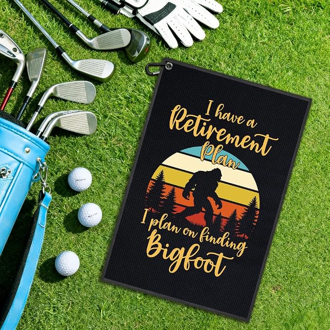 I Have Retirement Plan Golf Towel, Funny Sasquatch Golf Bag Towel with Clip, Golfing Accessories for Men Women, Birthday Retirement Gifts for Golfer Sports Fan, Golfing Gifts for Dad Grandpa