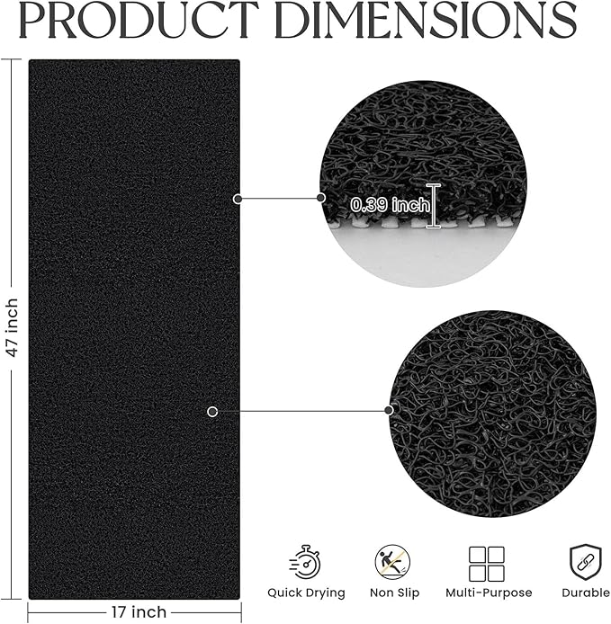 Bathtub Mat Non Slip, 47x17 Inch Shower Mats for Inside Shower, PVC Loofah Bathroom Mat Quick Dry with Drain Hole, Phthalate-Free Bath Mats for Shower Bathroom Tub and Wet Areas (Black)