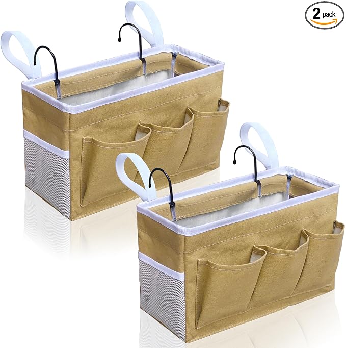 Kanrichu Bedside Caddy Hanging Storage Bag, Organizer Baskets with Pockets for Bunk Bed Accessories, Loft & Dorm Rooms Chair Bed Rails (Khaki-2pcs)