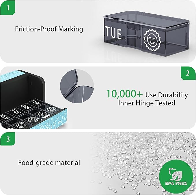 Aesthetic Pill Organizer 7 Day AM PM, Discreet 2 Times a Day Weekly Pill Box with Double Protection Shell, Large Capacity Portable Vitamin Case for Travel Meds & Medicine Organizer (Blue)