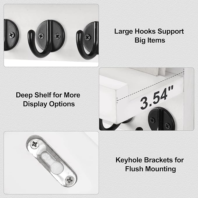 Lwenki Key Holder for Wall, Decorative Key and Mail Holder with Shelf Has Large Key Hooks for Bags, Coats, Umbrella – Paulownia Wood Key Hanger with Mounting Hardware (9.8”W x 6.7”H x 4.2”D)