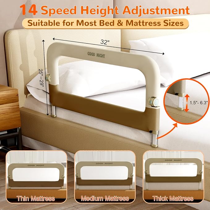 Bed Rail for Toddlers, 32 Inch Toddler Bed Rails, Bed Rail for Baby | Adjustable Heights, Folding up Portable, Safe Metal Frame, For Baby, For Crib, Twin, Bunk, Full Size, Queen & King Bed