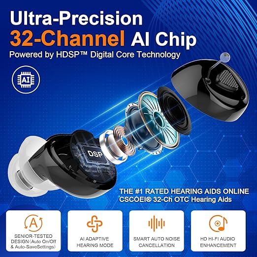 Premium 32-Channel Digital OTC Hearing Aids for Seniors & Adults - Invisible In-Ear Sound Amplifier with Rechargeable Charging Case,Noise Cancelling,Auto On/Off