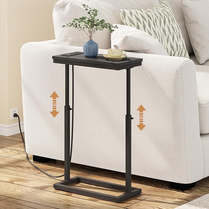 TUTOTAK End Table with Charging Station, Side Table, Tall Couch Table | Sofa Table, for living Room, Bedroom, Black TB01BK084