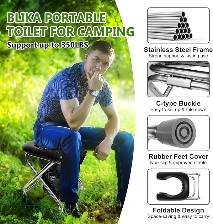 BLIKA Portable Toilet for Camping, 350LBS Stainless Steel Foldable Camp Travel Toilet with Soft Seat for Adults, 16.5-Inch Portable Toilet for Truckers, Camping, RV Travel, Road Trips, Outdoor Use