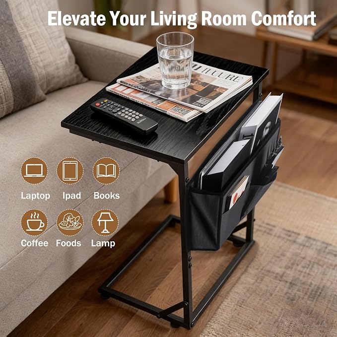 C Shaped End Table for Couch, Small Side Table for Living Room & Bedroom, Slide Under Sofa Table for Laptop, Coffee, Snacks, Easy Assembly, Modern Design