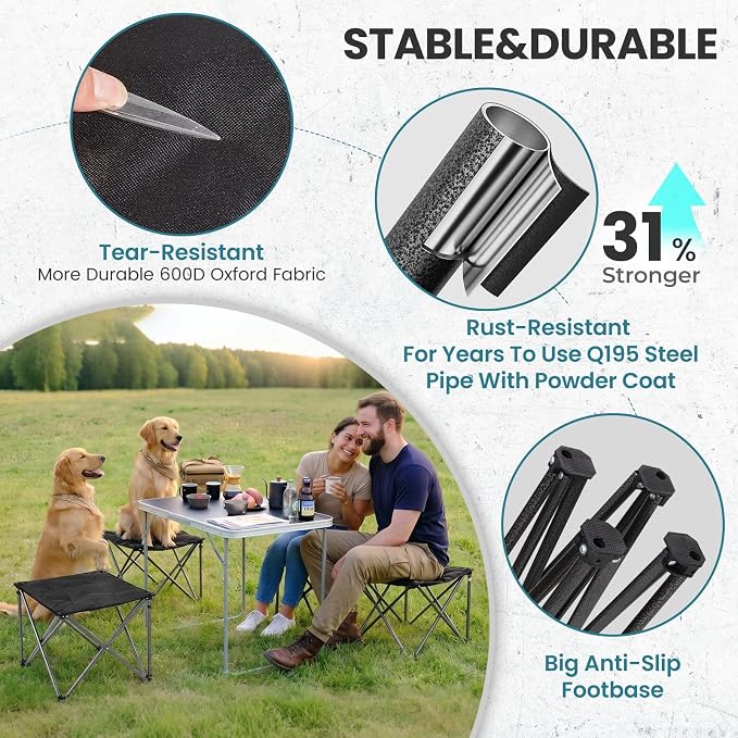 FUNDANGO Folding Camping Stool, 18.1 Inch Oversized Foot Stools 330 Lbs Heavy Duty Portable Padded Seat Anti-Slip Foots & Carry Bag for Fishing Outdoor Lawn Travel (Black)