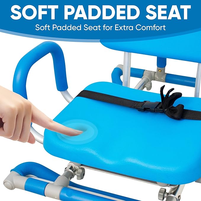 Platinum Health HydroSlide Sliding Shower Chair Swivel Seat for Bathtub, Soft, Padded with industry-exclusive, patented Gap-Bridge safety feature. Padded Armrests. Ideal for Elderly and Seniors (Blue)