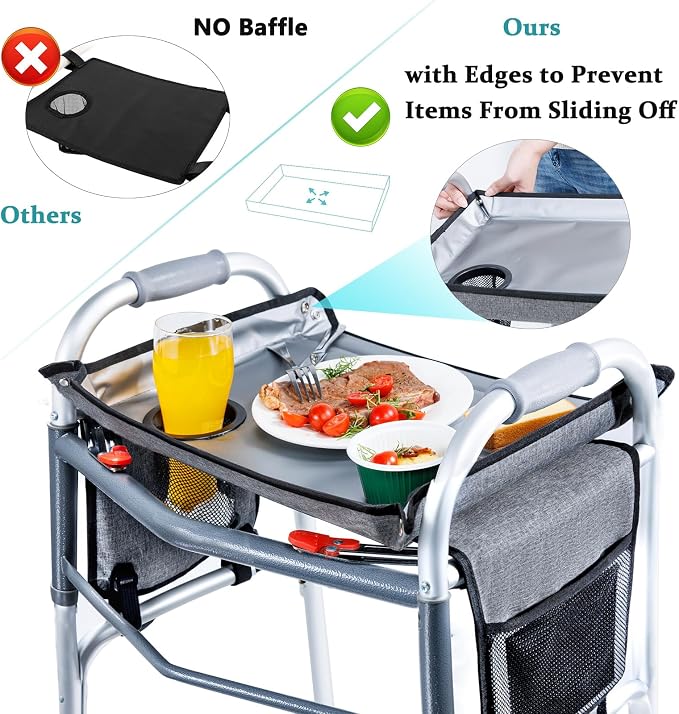 BAGSFY Walker Tray with Cup Holder & Side Pocket – Hard Top Walker Table for Seniors – Folding Walker Accessory for Meals, Reading, Drinks – Non-Slip Surface, Tool-Free Install, Universal Fit