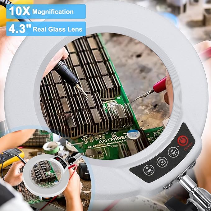 10X Magnifying Glass with Light and Clamp, Real Glass Stand Lighted Magnifier, 5 Color Modes Stepless Dimmable LED Desk Lamp Hands Free for Crafts Hobby Reading Painting Sewing Close Work White