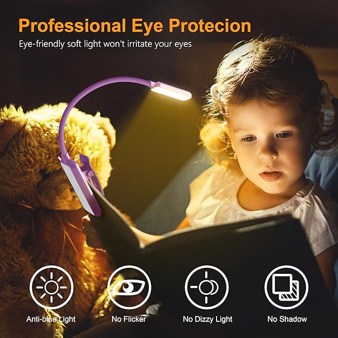 Gritin 9 LED Rechargeable Book Light for Reading in Bed - Eye Caring 3 Color Temperatures,Stepless Dimming Brightness,80 Hrs Runtime Small Lightweight Clip On Book Reading Light-Dark Purple