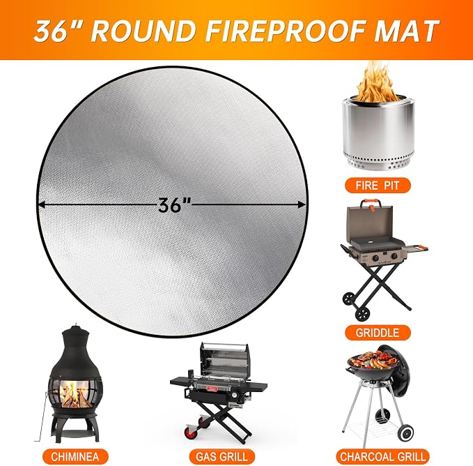 DocSafe 36" Round Fire Pit Mat for Solo Stove Bonfire,4-Layer Double-Sided Fireproof Heat Insulated Under Grill Mat Protector for Deck,Patio,BBQ,Oil-Proof and Reusable and Waterproof,Black＆Silver