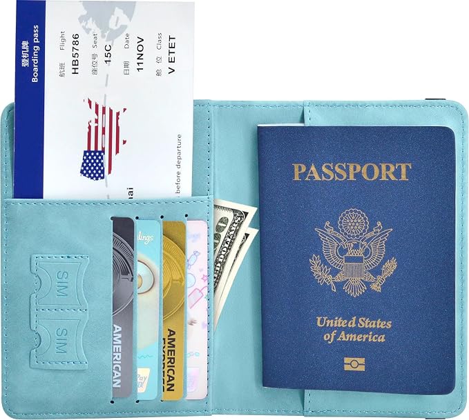 Passport Holder, Passport Cover with Credit Card Slot and Boarding Pass Slot Combo, Passport Wallet Case Book Travel Must Have, RFID Blocking Leather Travel Accessories, Sky Blue