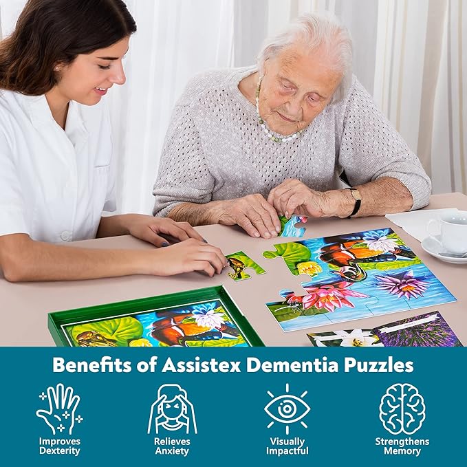 Assistex Large Piece Jigsaw Puzzle for Seniors with Dementia with Conversation Prompts, Large Piece Memory Game for Adults, Elderly, and Dementia Patients – Duck Pond Puzzle, 12 pcs