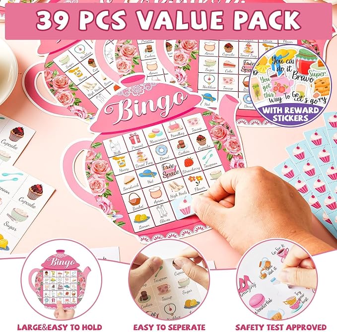 39Pcs Tea Party Bingo Game for Adults 24 Players Floral Teapot Shape Bingo Cards with Reward Stickers for Family Friend Student Large Group Activities Garden Bridal Wedding Holiday Party Favors
